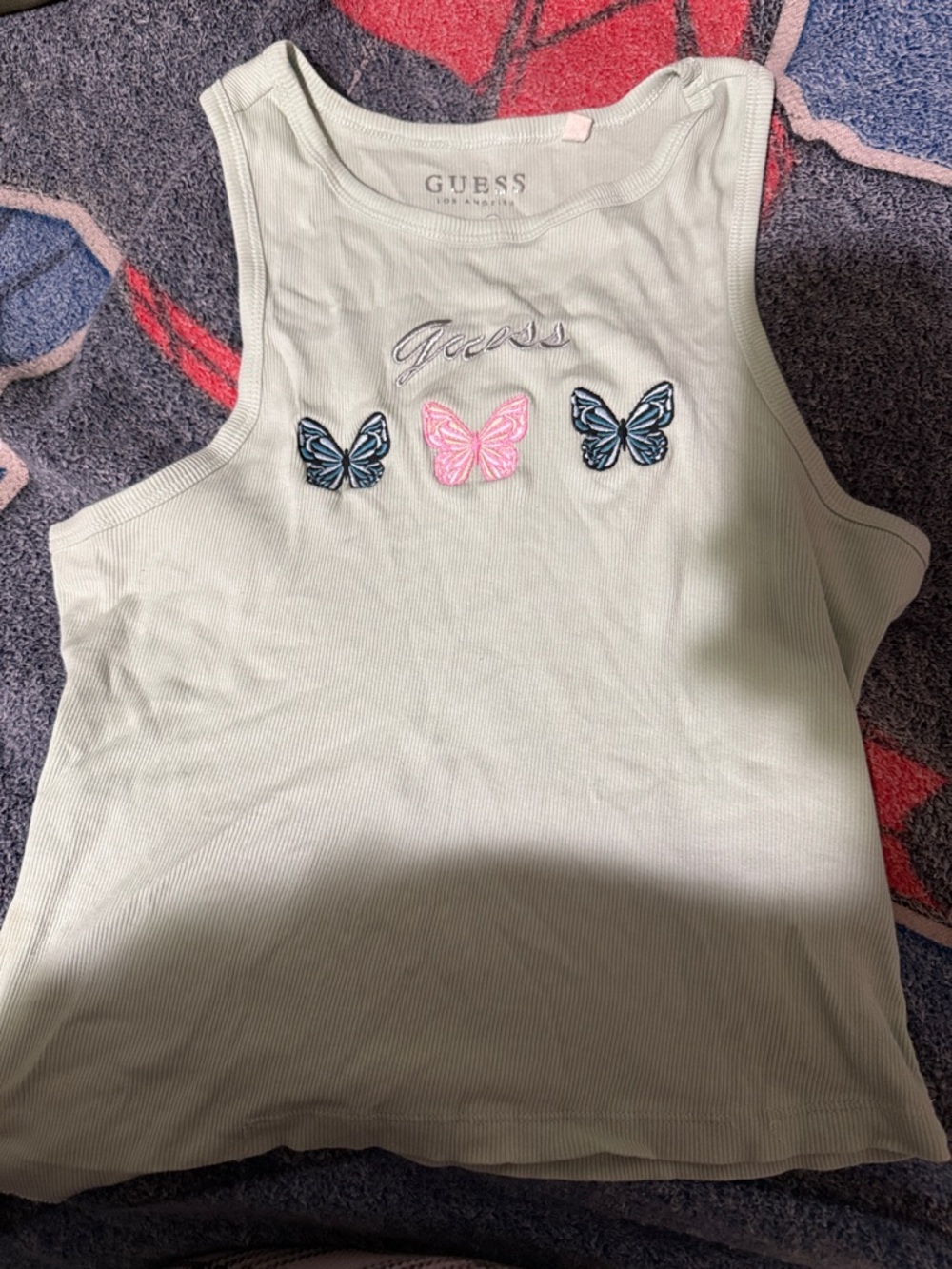 GUESS Mint Tank Top with Pink & Navy Butterfly Embroideries